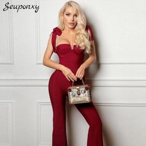 High Quality Beaded Elegant Bodycon Bandage Jumpsuit 2021 Summer Womens Sexy Spaghetti Strap Backless Celebrity Party Jumpsuit
