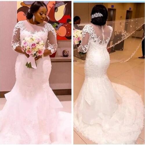 South African Wedding Dress Plus Size Appliques Lace Beading 3/4 Sleeve Wedding Gowns Mermaid Long Bridal Gown Vestido De Novia