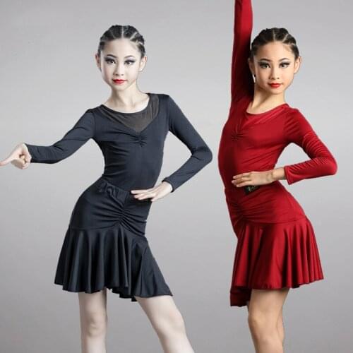 2021 New Girls Latin Dance Dress Long Sleeve Leotards Top Skirts Suit Competition Performance Wear Ballroom Tango Dress