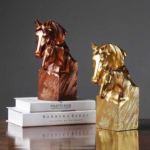 25cm Double Horse Head Figurines Golden Animal Statue Resin Crafts Office Book Shelf Desktop Decoration Coffee Bar Decor