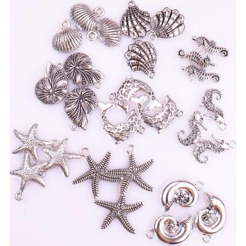 Mixed 50pcs Metal Sea Shell Conch Charms Making Summer Starfish Seahorse Pendant Fit Bracelet Souvenir Gift Jewelry