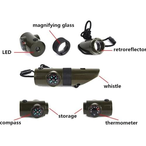 7 in 1 Outdoor Camping Survival Tool SOS Whistle Compass LED Thermoeter Magnifying Glass