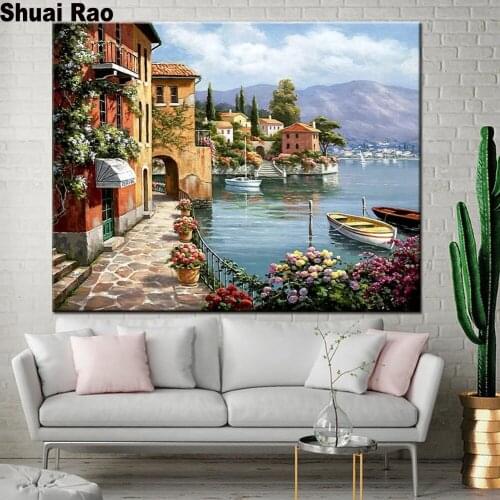 Diy full square round drill mosaic diamond painting seaside scenery diamond embroidery boat house 5d diamond cross stitch kits