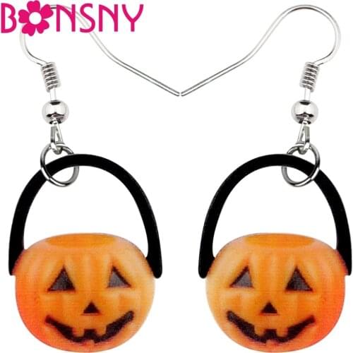 Bonsny Acrylic Halloween Smile Pumpkin Earrings Dangle Drop Big Long Cute Plant Jewelry For Women Girls Teens Gift Accessories