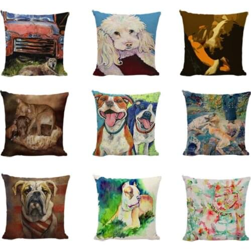 Cuteness American Pit Bull Terrier Cushion Cover Oil Painting Dogs Linen Cotton Home Decor Car Seat Cover Cute Throw Pillow Case
