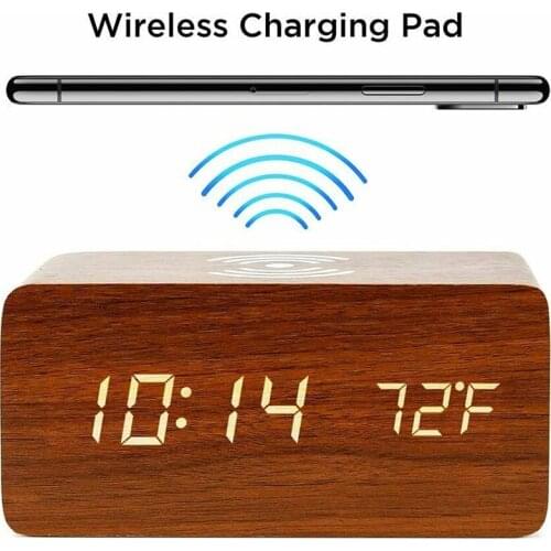 Wooden Qi Wireless Phone Charger Alarm Clock Desktop Charging Modern Alarm Clock Charger Thermometer For Samsung For iPhone