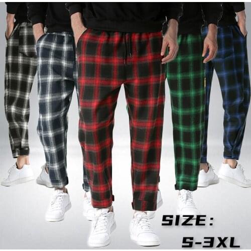 Fashion Mens Joggers Plaid Pants Men Elastic Cropped Cotton Trousers Summer Casual Streetwear Loose Short Sweatpants