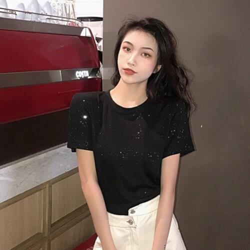 Cord with solid colors and sparkling basic round collar T-shirt jackets 2019 summer new fashion