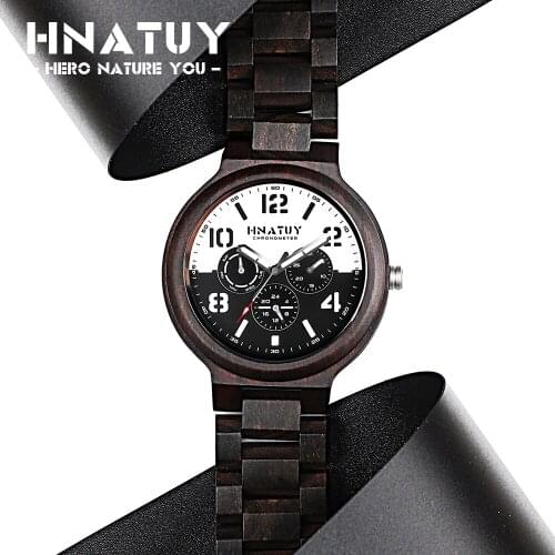 Hnatuy Wooden Watch Men Quartz Watch Luxury Brand Wood Timepieces Mens Watch 2019 Chronograph in Wood Gift Box Dropshipping