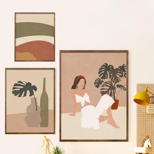 Boho Style Wall Art Abstract Beautiful Woman Canvas Panting Papaya Plants Poster Print Wall Picture Art Decor For Bedroom Decor