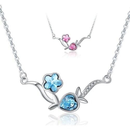 Real 925 Sterling Silver Blue Crystal Necklaces & Pendants Blossoms Flower Branches Women Choker Necklace Jewelry Collar Colar