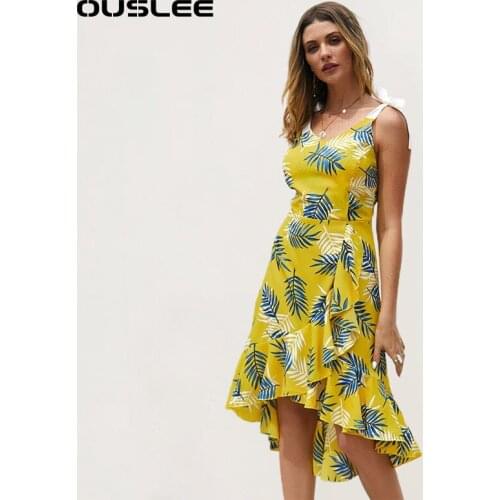 OUSLEE 2021 New Fashion Printed Womens Dress Casual Boho Beach Floral Dresses Sexy Party V-Neck Ruffles Irregular Yellow Dress