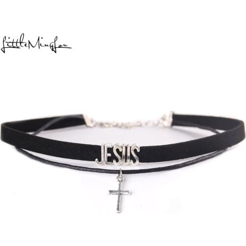 Little Minglou fashion Jesus Cross Charm Pendant Choker Necklace Velvet handmade Collar Jewelry choker for women Collares Mujer