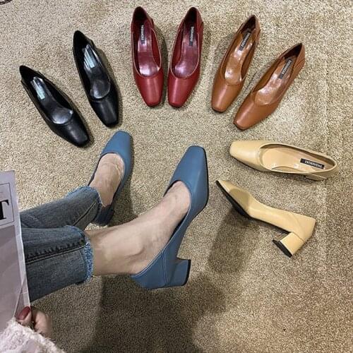 Spring Women Square High Heels Shoe Classic Slip On Casual Ladies Elegant Toe Soft PU Fashion Female Pump New Red Black 35-41