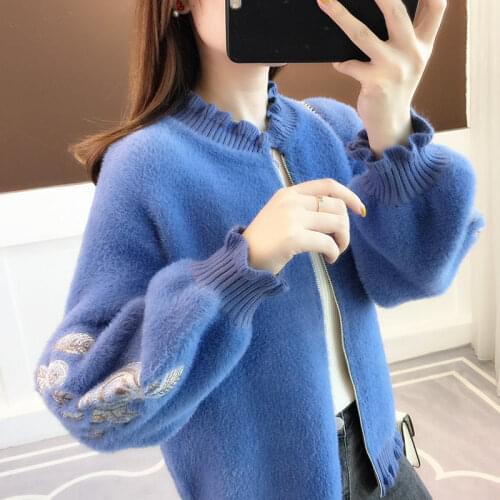 Autumn Winter New Womens Embroidered Imitation Mink Fur Coat Loose Thick Sweater Cardigan Plus Size Color Jacket Female Outwear