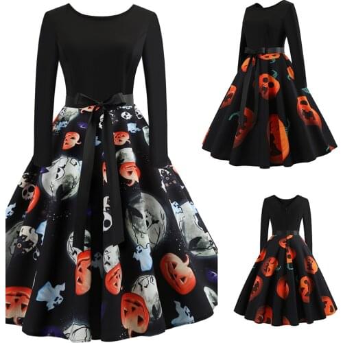 Halloween Costumes for Women Fancy Pumpkin Halloween Party Vintage Long Sleeve Mid Length Princess Dress Costume Festival
