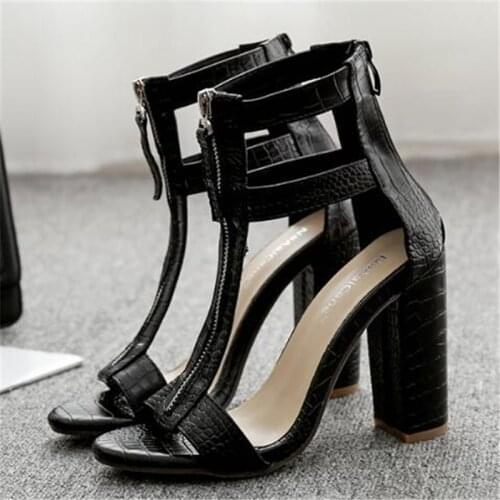 Women Sandals Thick High heels Summer Brand Party Shoes Pointed Toe PU 10.5CM ZIP sandalias mujer 2020 women shoes size 35-42