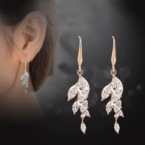 2019 New Arrival Exquisite Leaf Brincos for women Rose Gold Pendientes Bijoux Cubic zirconia Drop Earrings Birthday Party E1355