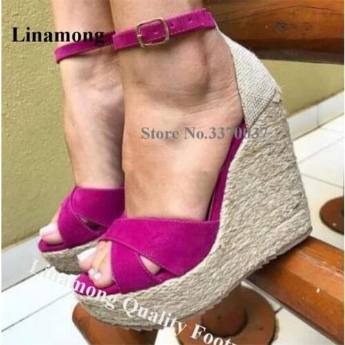 Linamong Summer Fashion Patchwork High Platform Wedge Sandals Purple Beige Patchwork Suede Wedges Height Increased Shoes