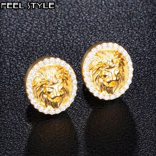 1Pair Zircon Micro Paved Lion Iced Out Rhinestone CZ Stone Round Bling Stud Earring Copper Earrings For Men Hip HOP Jewelry