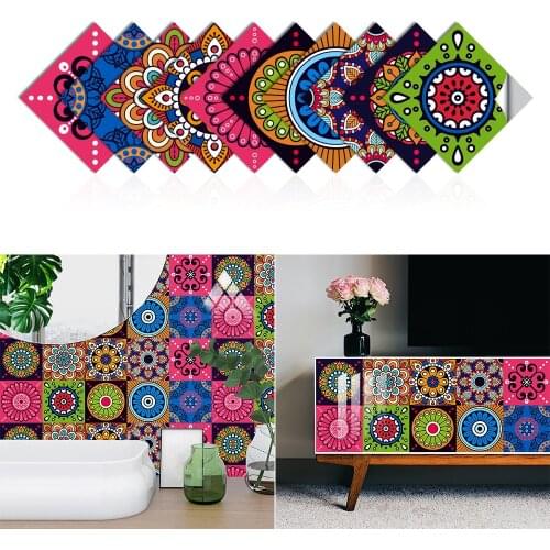 10pcs Mandala Style Tiles Pattern Wall Sticker Kitchen Bathroom Wardrobe Decor Waterproof & Oil-proof Ceramics Art Wallpaper