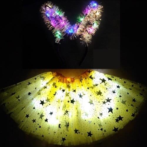 2021 New Mesh Ribbon Light-emitting LED Childrens Skirt Stage Dance Performance Festival Party Big Star Print Headband Yellow