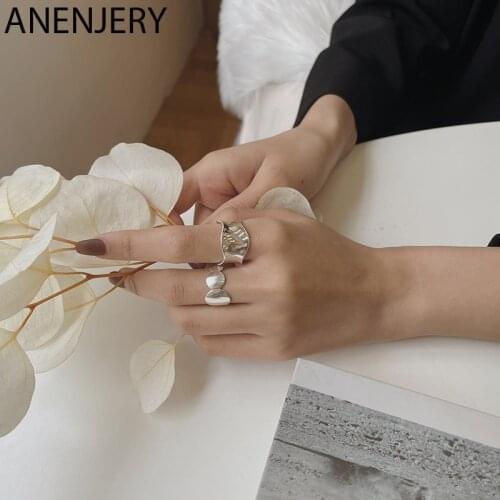 ANENJERY 925 Sterling Silver Irregular Wavy Ring INS Popular Retro Combination Rings for Men Women Party Jewelry Wholesale