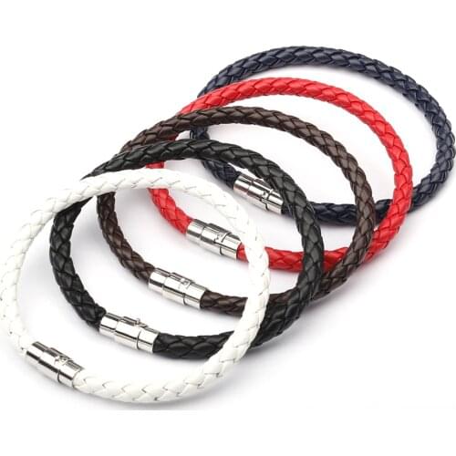Simple Design Mens Leather Bracelet Multicolor Stainless Steel Button Bangle Women Men Wristbands Valentines Day Jewelry Gift