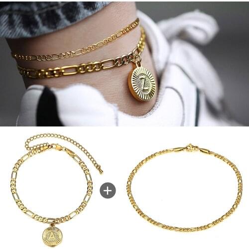 2Pcs/Set Initial Letter Charm Figaro Anklet Stainless Steel Link Chain Anklets for Women Girl Foot Bracelet Fashion Accessories