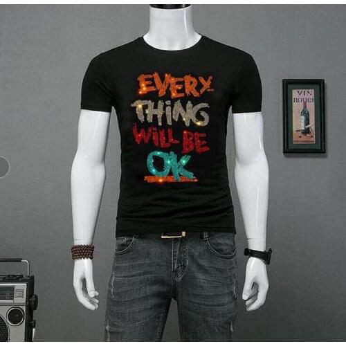 Hot sale Tshirt Man Diamond Hot drill Short Sleeve T-shirt Mens fashion Summer Rhinestone Slim Fit T Shirts