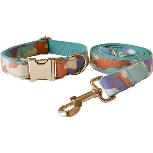 Camouflage 02 The Green Bottom Free Engrave Fabric Dog Collar Leash Set For Medium Big Pet Necklace With Bow Tie Name Necklace
