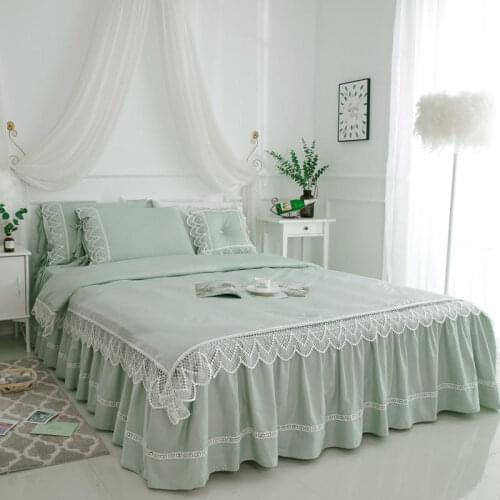 Green 100%Cotton Princess Bedding Set Luxury King Queen Size Hollow out Lace Duvet Cover Bedspread Bed Skirt Pillowcase