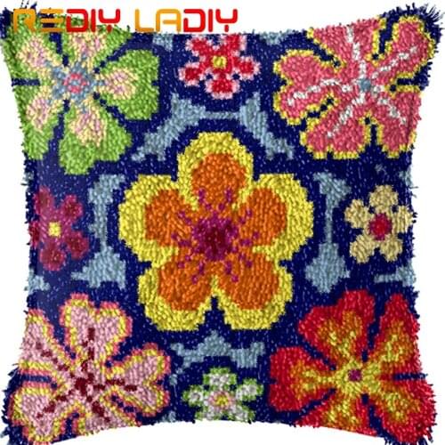 Latch Hook Cushion Colorful Flowers Printed Canvas Cushion Cover Acrylic Yarn Crochet Pillow Case Kit Hobby & Crafts Home Decor