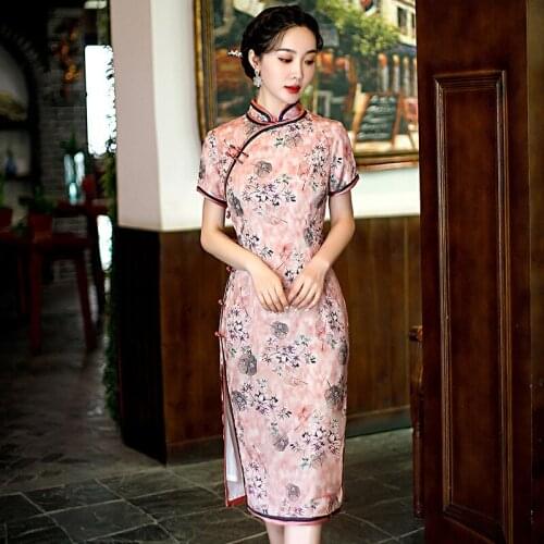 Chinese Print Flower Sexy Cheongsam Mandarin Collar Summer New Qipao Large Size 3xl Wedding Party Dresses Satin Pink Vestidos