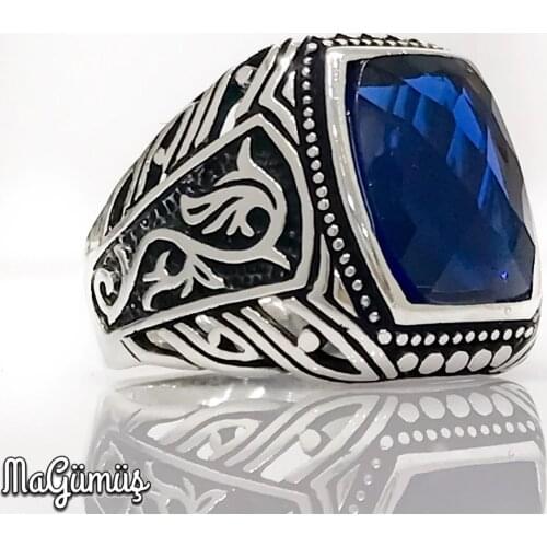Sapphire Stone Navy Blue Baguette Cut Stylish Silver Mens Ring