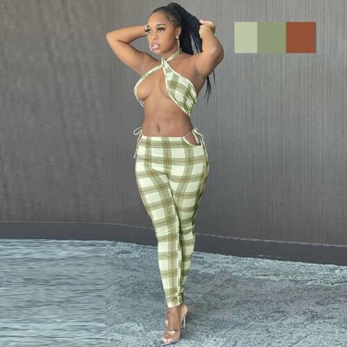 Sexy Plaid Printed Two Peice Club Outfits Summer Clothing 2021 Criss Cross Halter Backless Crop Top and Cut Out Pencil Leggings