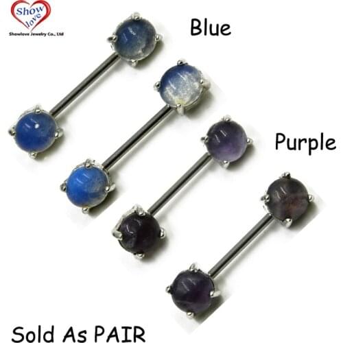 Showlove-PAIR Opal Stone Prong Nipple industrial Barbell Rings Piercing Nipple Bar Shield Body Jewelry