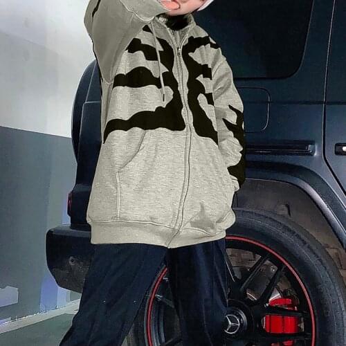 Vintage Y2K Black Skeleton Hoodies Womens Halloween Gothic Aesthetic Long Sleeve Zip Up Hooded Sweatshirts Autumn Streetwear A40