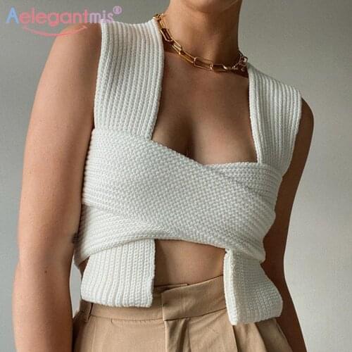Aelegantmis Sexy Knitted Crop Tops Sweaters Sleeveless for Women Bandage Sweater Short Pullover Vest Solid Tank Top 90s 2021 New