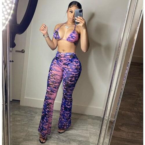 2021 Summer Two Piece Set Women Sexy Mesh Sheer Printing Sling Top Wide Leg Pants Suits Club Outfits Streetwear Wholesale Items