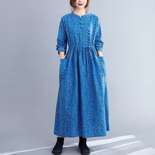 Vintage Cotton Linen Ethnic Dress Women 2020 Autumn Baggy Robe Femme Floral Print Oversized Maxi Long Dresses Female 11715