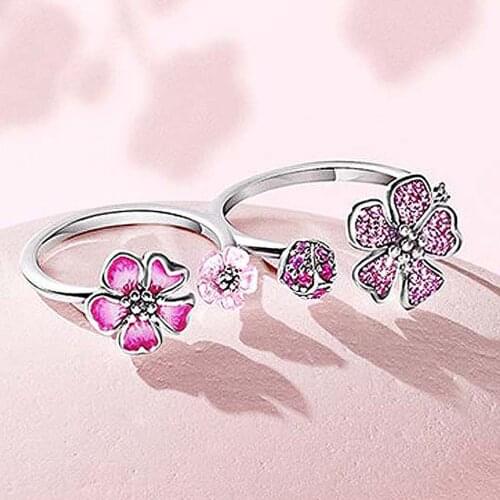 Original 925 Sterling Silver Ring Two in One Pink Enamel Peach Blossom With Crystal Rings For Women Gift Europe Jewelry