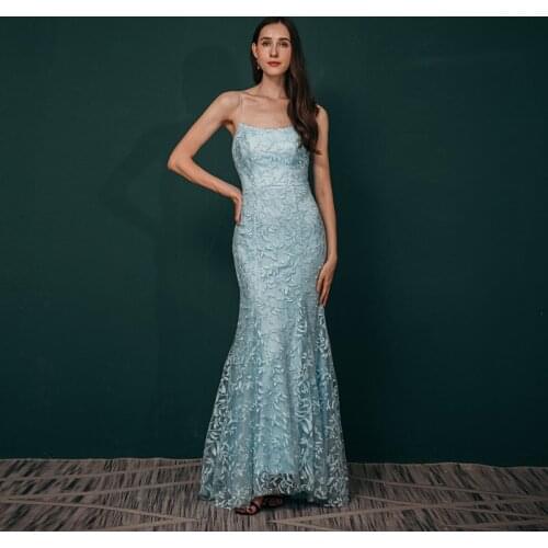 Blue fishtail evening dress womens 2021 new banquet high texture starry sky host Strapless tuxedo summer backless 20-361047