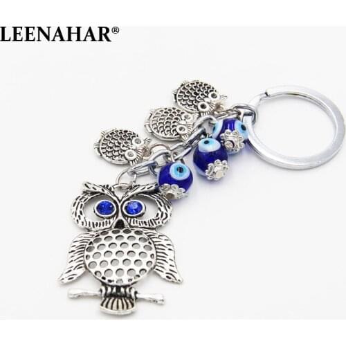1PC Antique Silver Night Owl Key Chains Cute Animal Bird Bag Hanging Glass Evil Eye Beads Keychain For Women Handbag Accessories