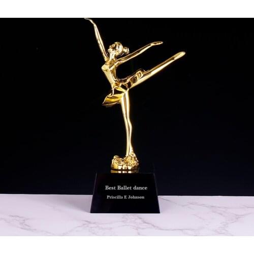 Free Custom Engraving Crystal Trophy Golden Metal Ballet Action Figures Model Souvenir Gifts Dance Competition Award Cup