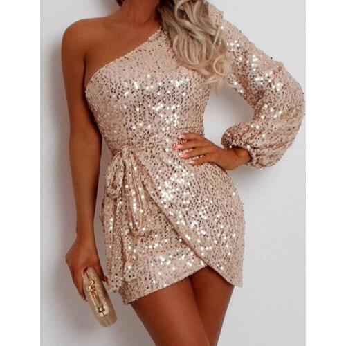 Sequined One Shoulder Bodycon Mini Dress Women Sexy Night Party Club Short Dresses Vestidos De Fiesta