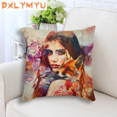 Throw Pillow Beauty Lady with Animal Picture Print Cushion Linen Cotton Decorative Cushion for Sofa Home Decor