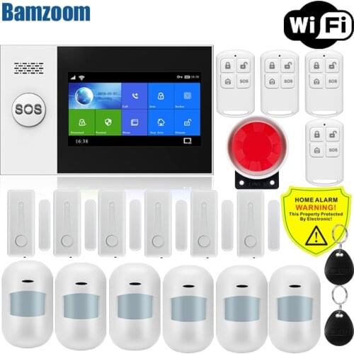EN RU ES PL DE Switchable Wireless Home Security WIFI GSM GPRS Alarm system APP Remote Control RFID card Arm Disarm