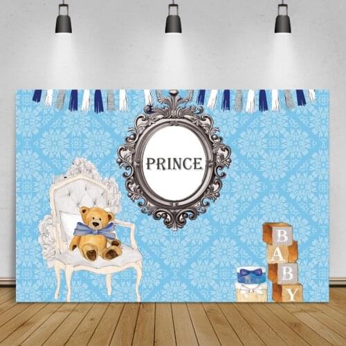 Laeacco Prince Backdrop Photography Cartoon Teddy Bear Blue Flowers Pattern New Baby Shower Baptism Birthday Party Background