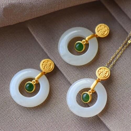 Silver inlaid natural Hetian white jade ring pendant necklace Chinese style retro unique ancient gold craft charm brand jewelry